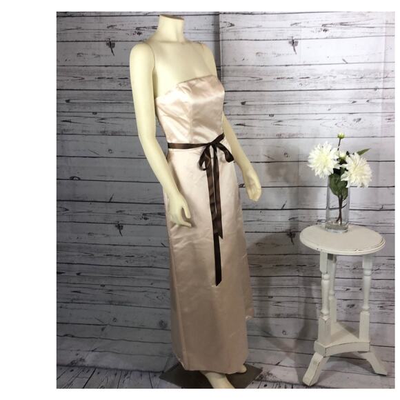NWT Bill Levkoff Tan Satin Brown Belt Strapless Formal Bridesmaid Dress size 10 - Picture 7 of 12
